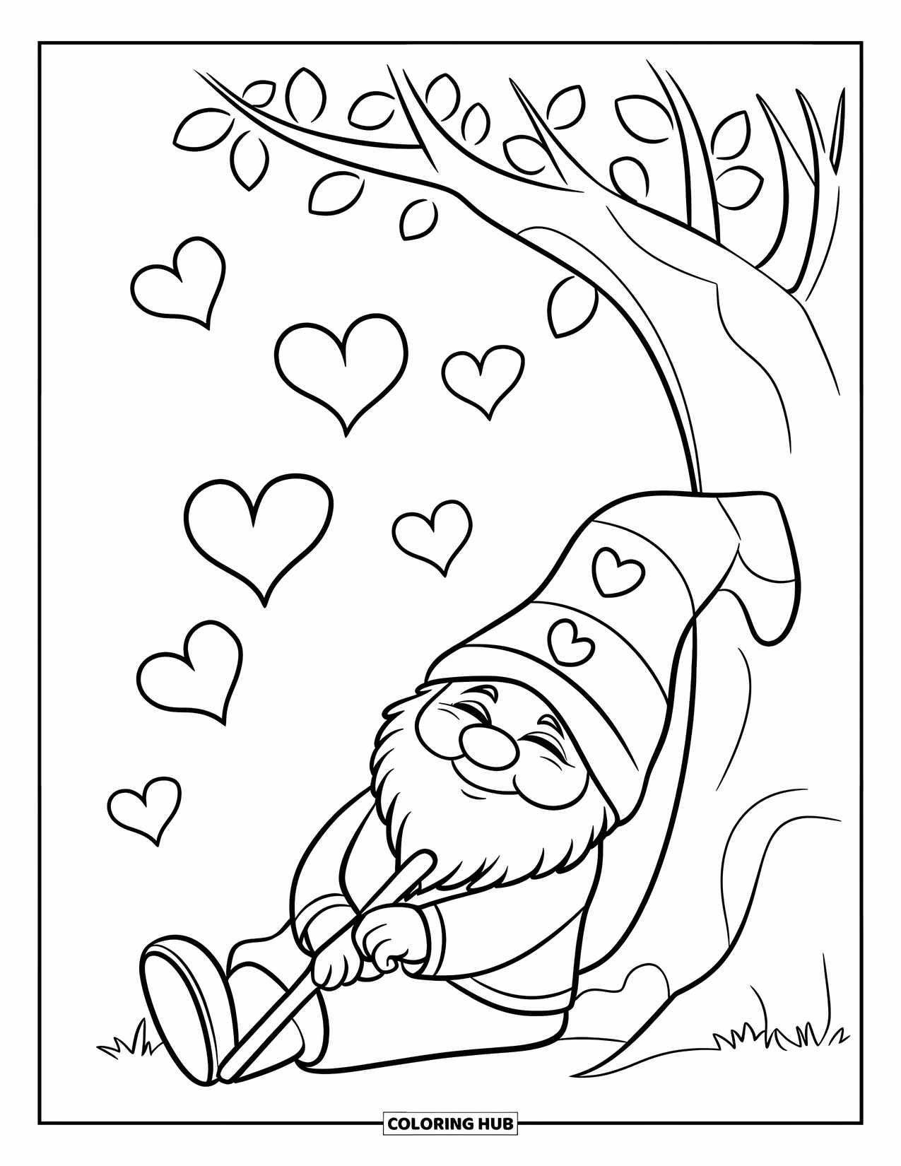 Valentine Gnome Coloring Page for Kids: A gentle gnome leans on a tree holding a stick under floating hearts