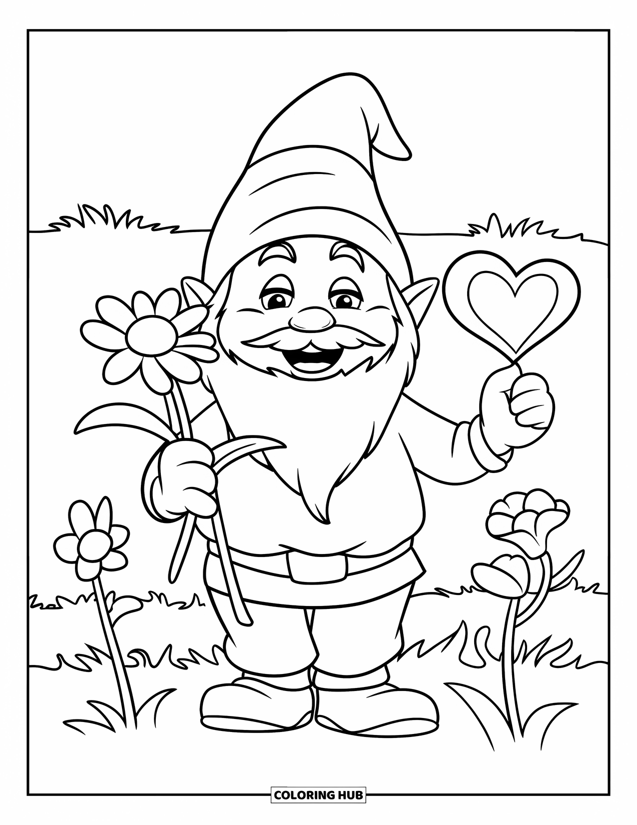 Valentine Gnome Coloring Page for Kids: A gnome beams holding a white flower and a big red heart
