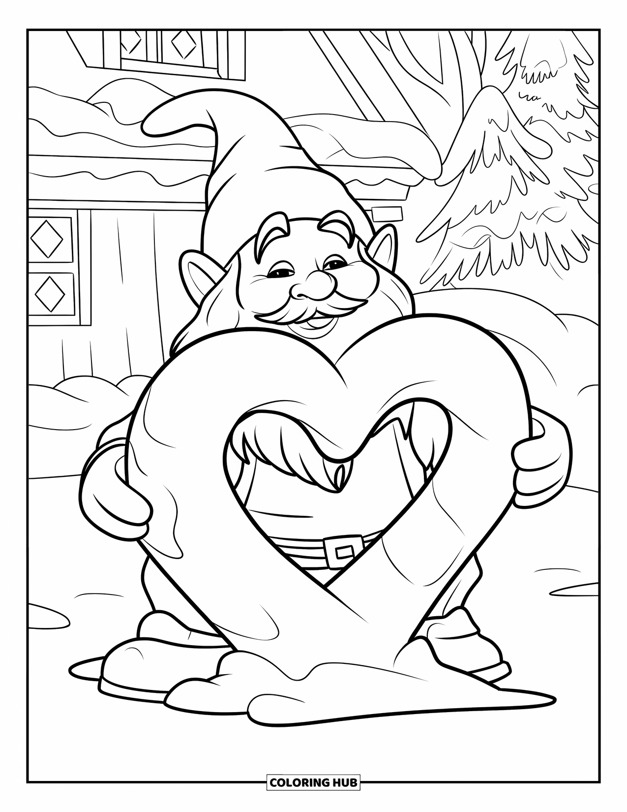 Valentine Gnome Coloring Page for Kids: A gnome builds a heart-shaped snow sculpture in a snowy forest