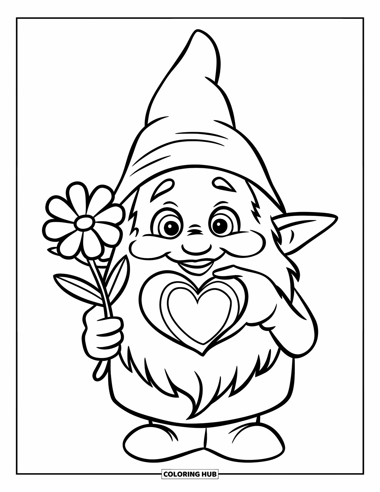 Valentine Gnome Coloring Page for Kids: A gnome holds a flower in one hand and a heart in the other