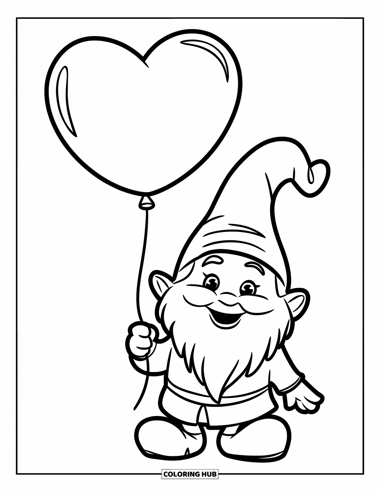 Valentine Gnome Coloring Page for Kids: A gnome holds a huge heart balloon with a joyful smile
