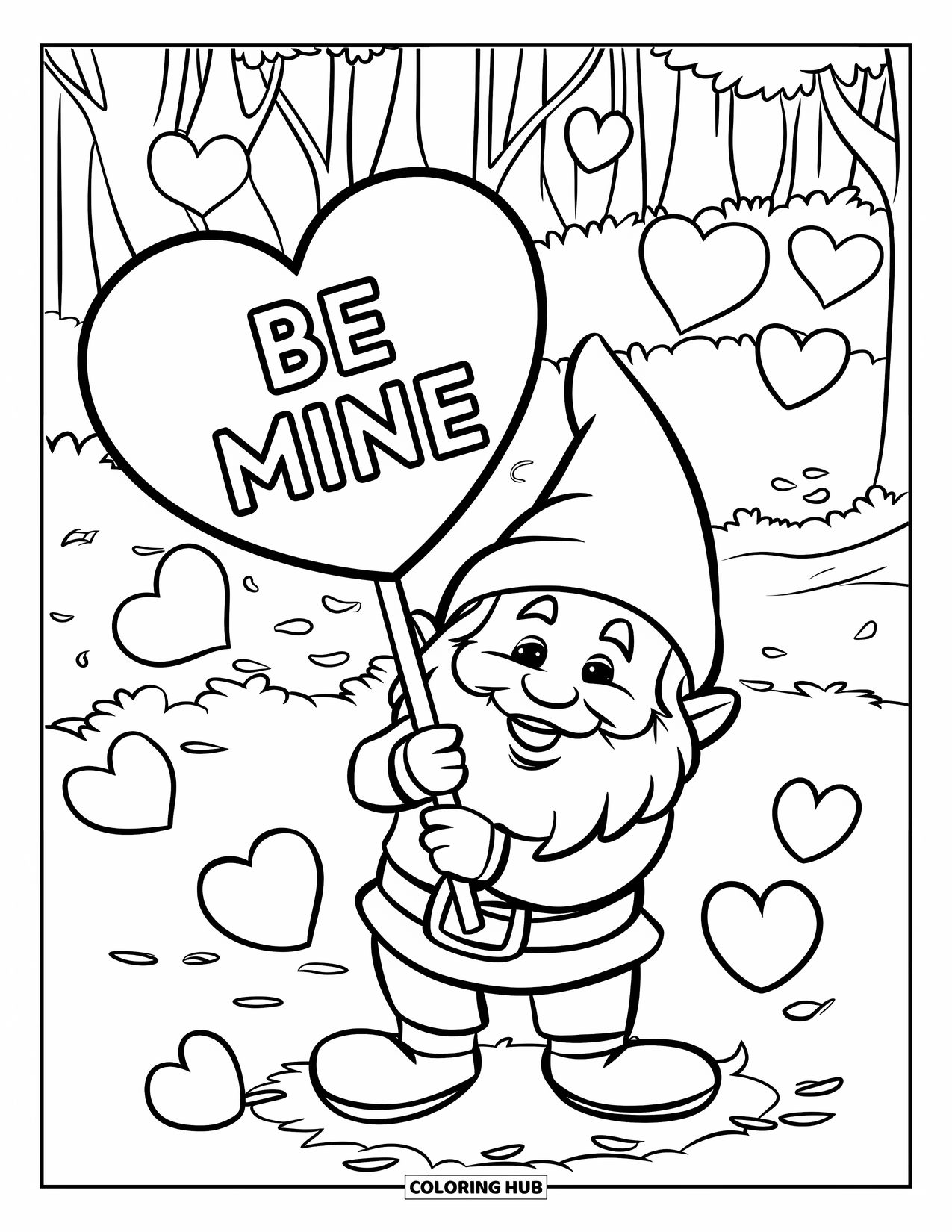Valentine Gnome Coloring Page for Kids: A gnome holds a love sign surrounded by heart bubbles