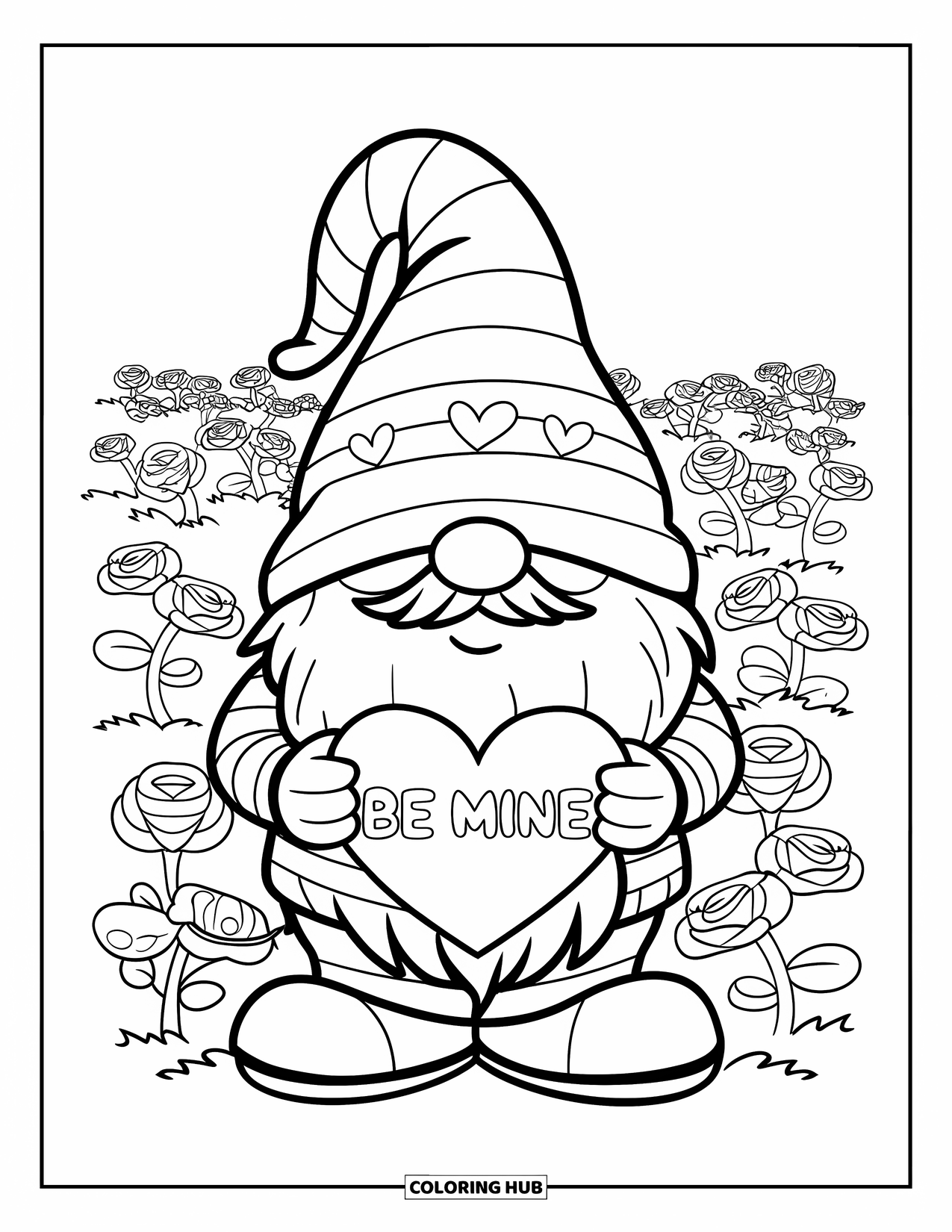 Valentine Gnome Coloring Page for Kids: A gnome in stripes holds a love sign in a field of roses