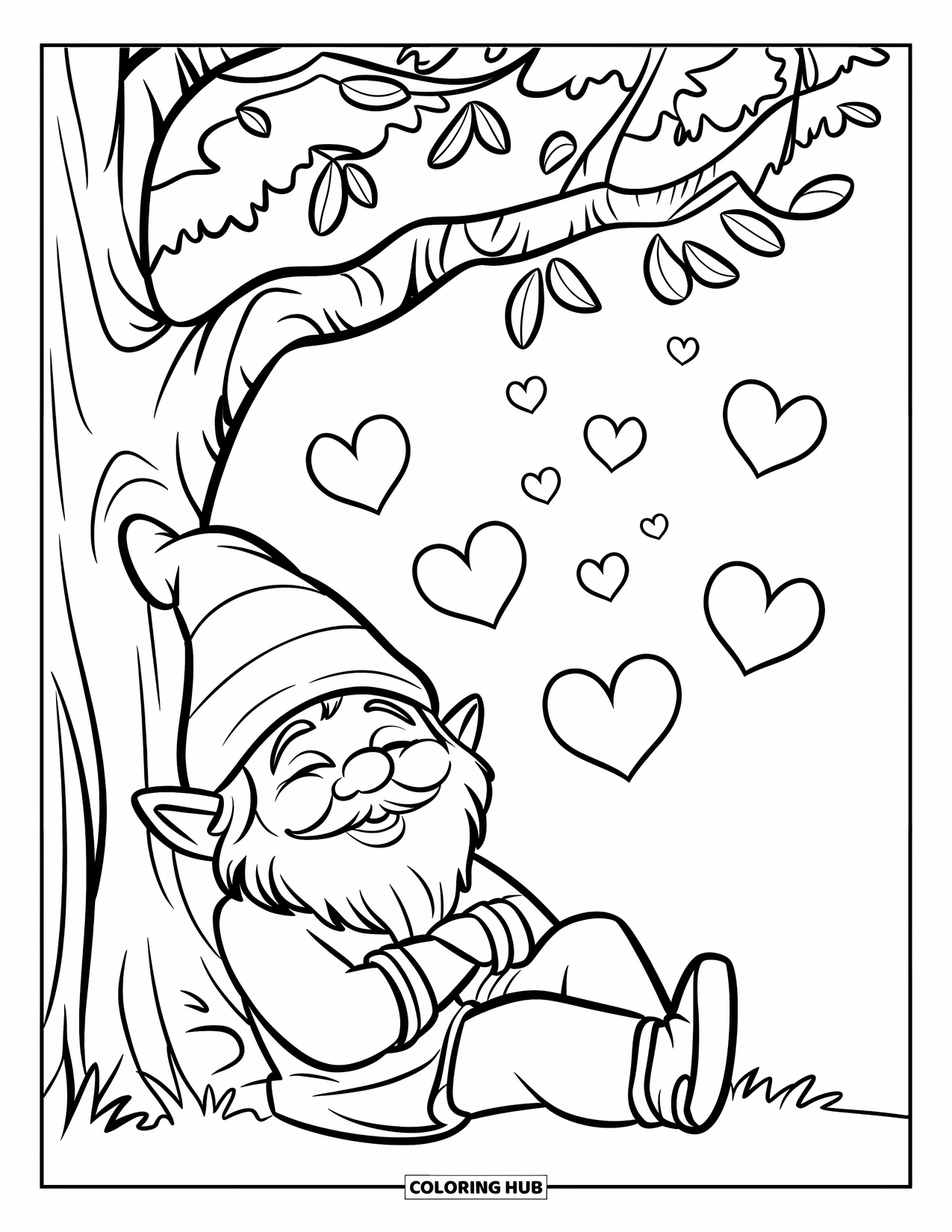 Valentine Gnome Coloring Page for Kids: A gnome leans on a tree with hearts floating above him