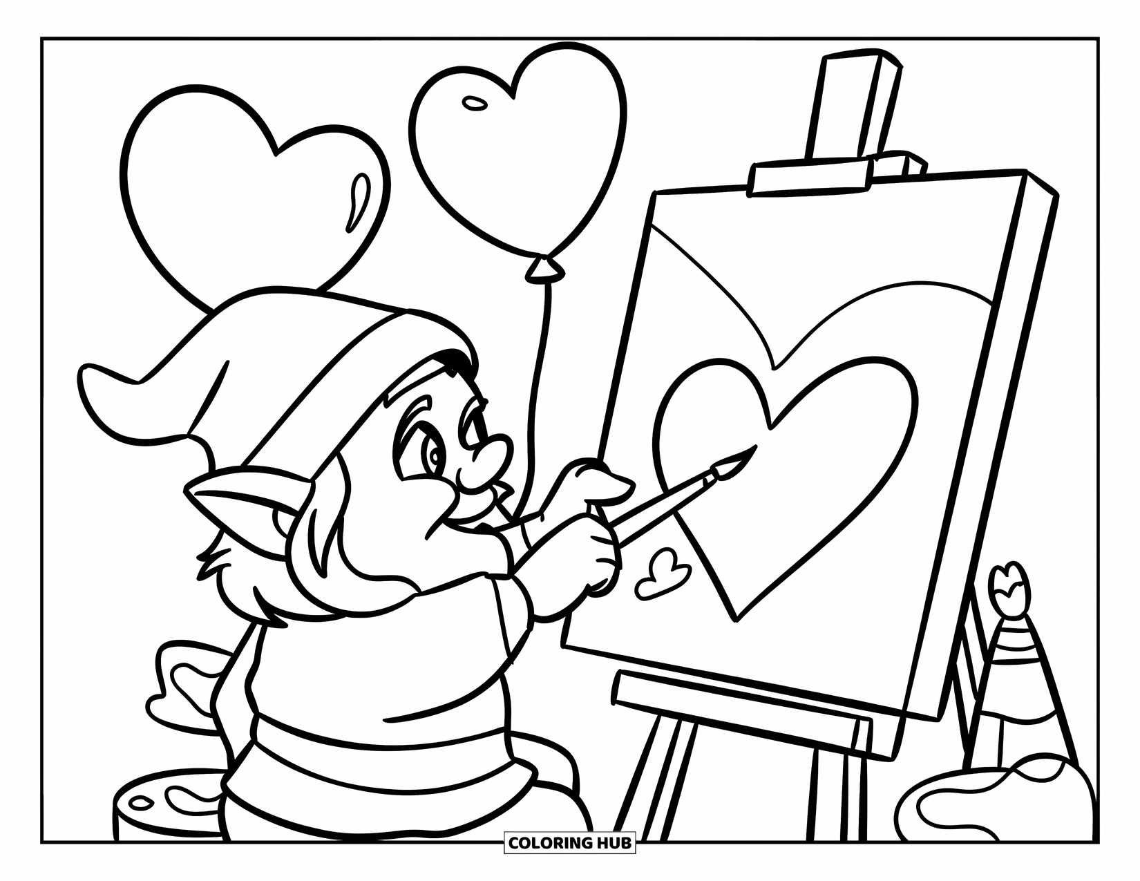 Valentine Gnome Coloring Page for Kids: A gnome paints cheerful hearts surrounded by art supplies