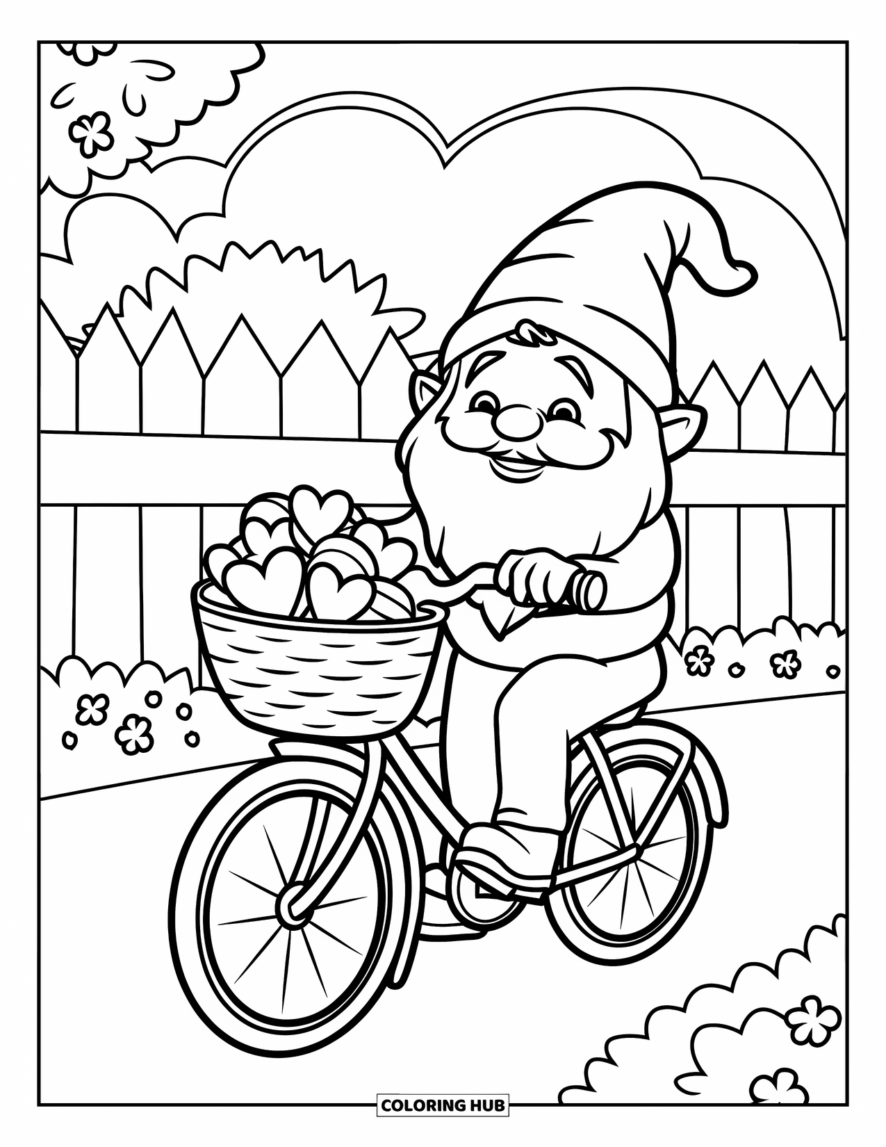 Valentine Gnome Coloring Page for Kids: A gnome pedals happily with heart-shaped presents in his basket