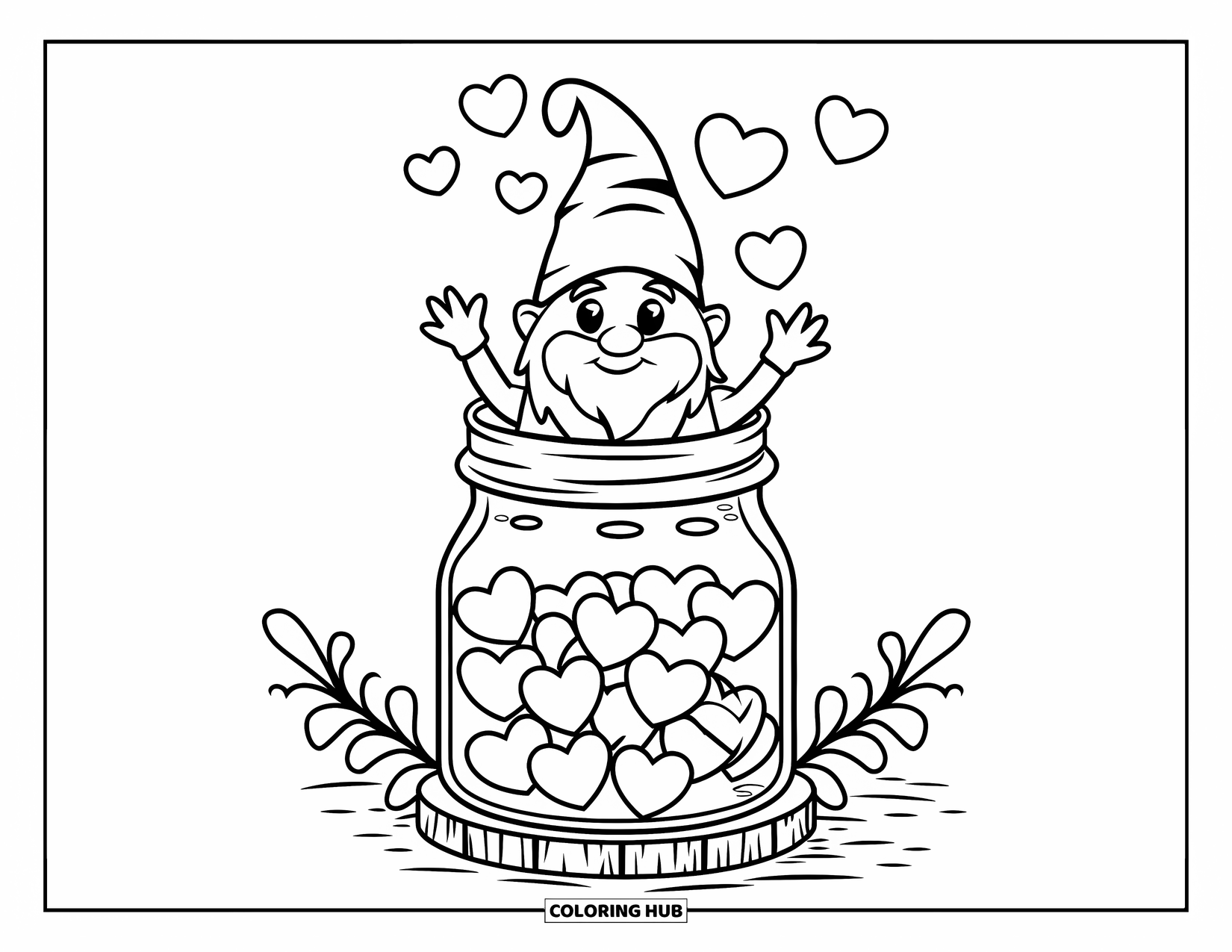 Valentine Gnome Coloring Page for Kids: A gnome peeks out of a heart jar surrounded by leaves