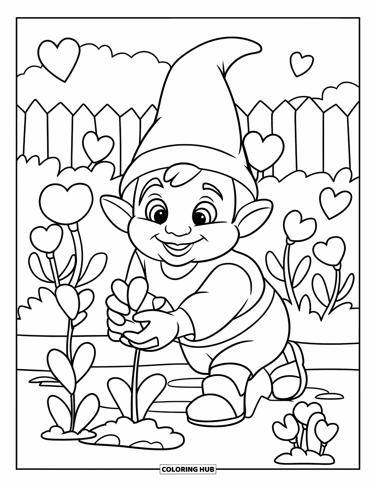 Valentine Gnome Coloring Page for Kids: A gnome plants heart seeds in a cheerful garden full of flowers