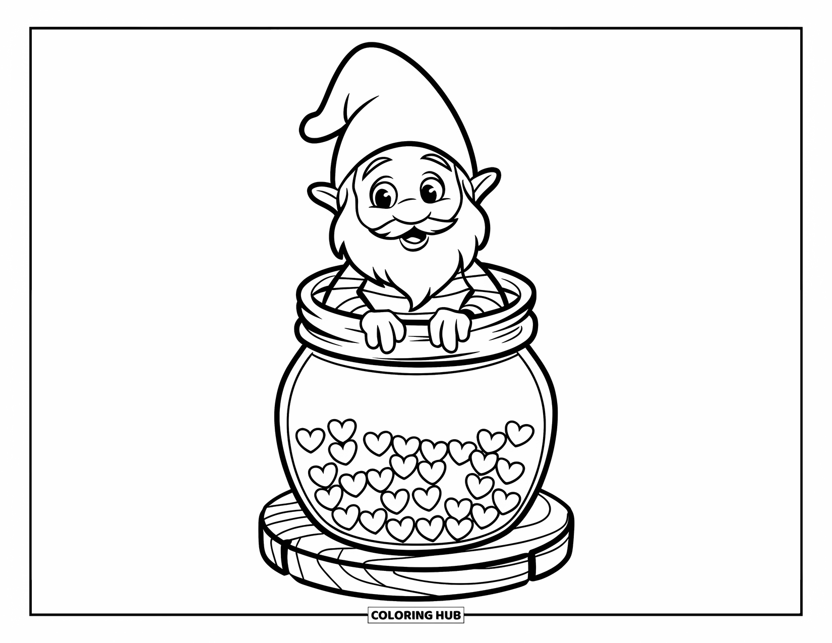 Valentine Gnome Coloring Page for Kids: A gnome pops out of a jar full of tiny hearts