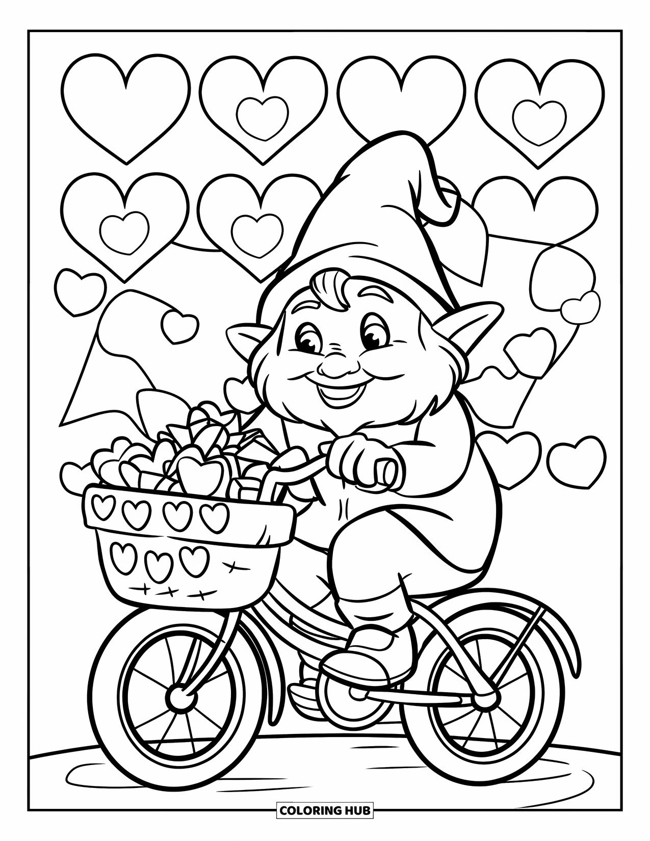 Valentine Gnome Coloring Page for Kids: A gnome rides a bike with a basket full of Valentine gifts