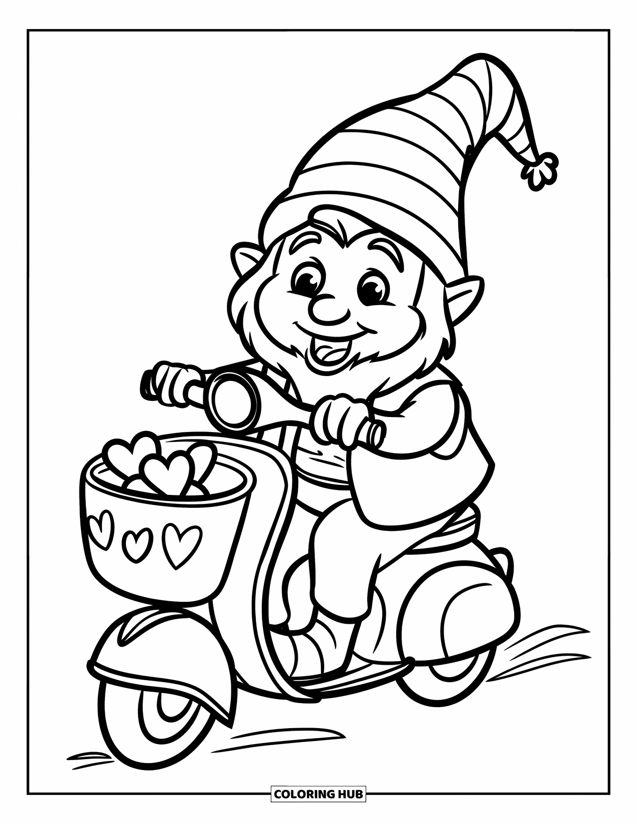 Valentine Gnome Coloring Page for Kids: A gnome rides a scooter with hearts in his front basket