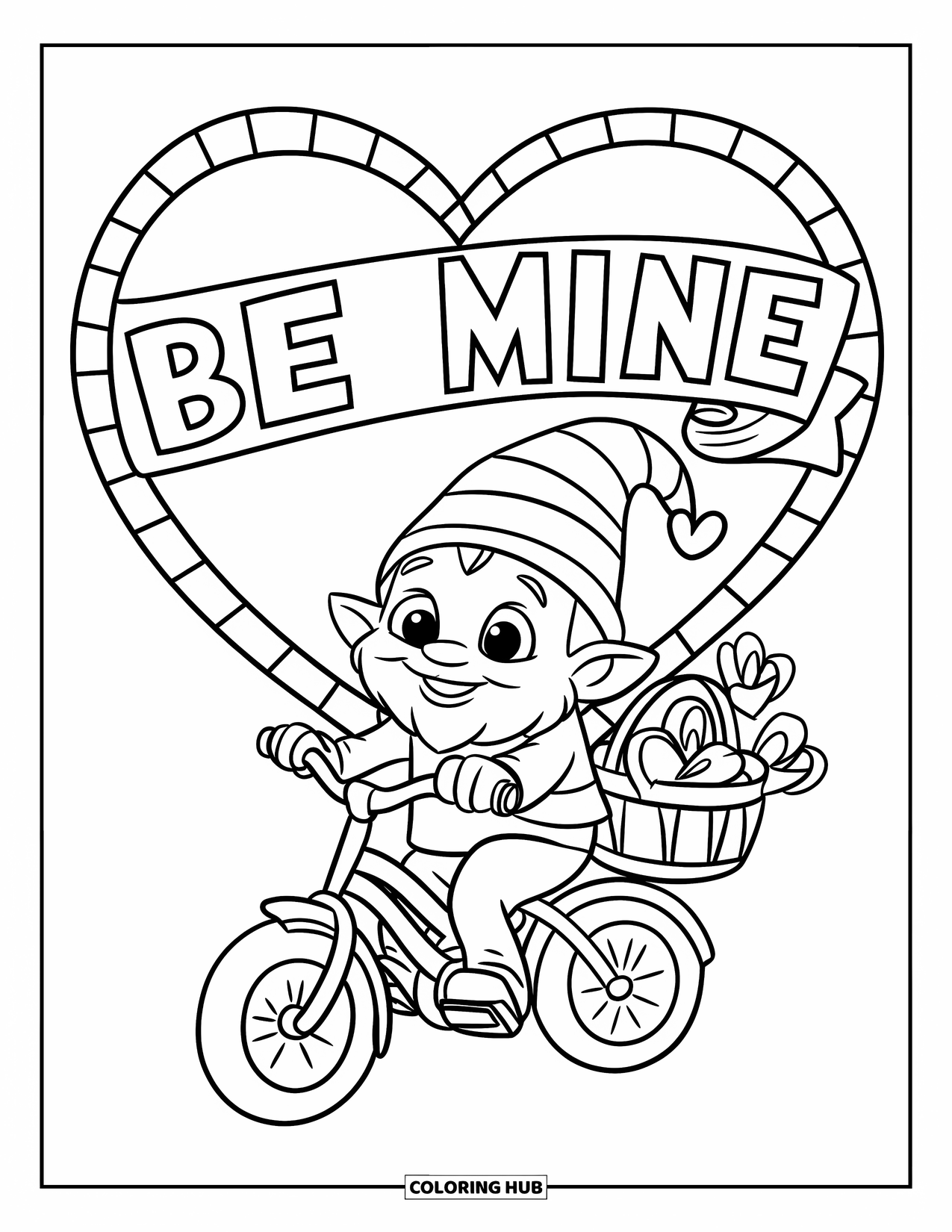 Valentine Gnome Coloring Page for Kids: A gnome rides along a heart path carrying a basket of love