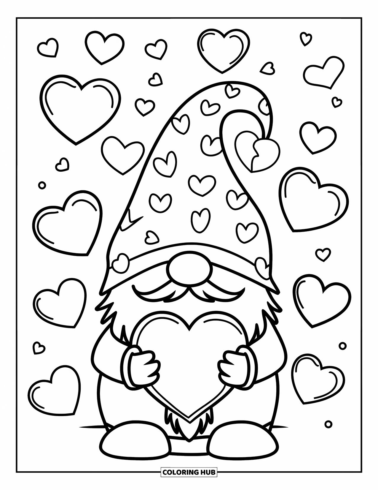 Valentine Gnome Coloring Page for Kids: A gnome smiles as bubbles shaped like hearts drift by