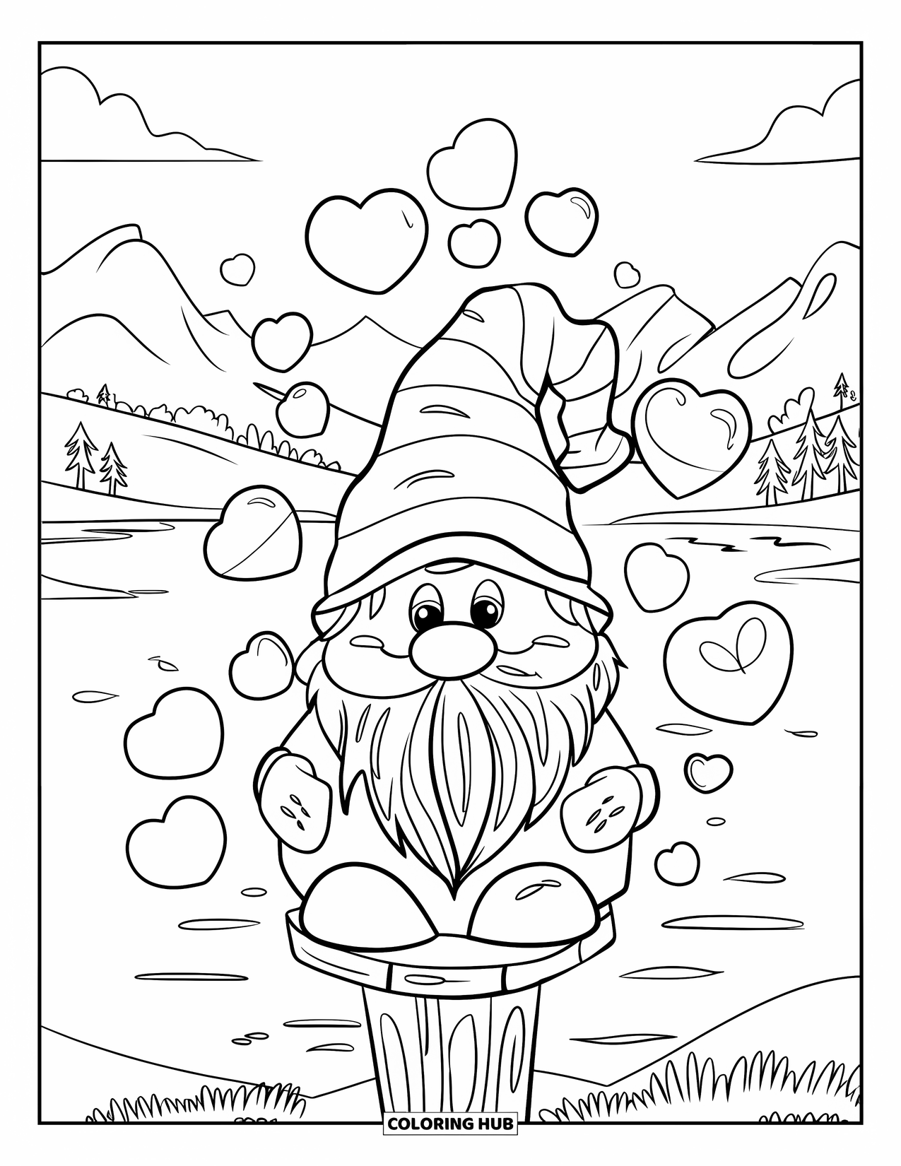 Valentine Gnome Coloring Page for Kids: A gnome stands as heart bubbles float all around