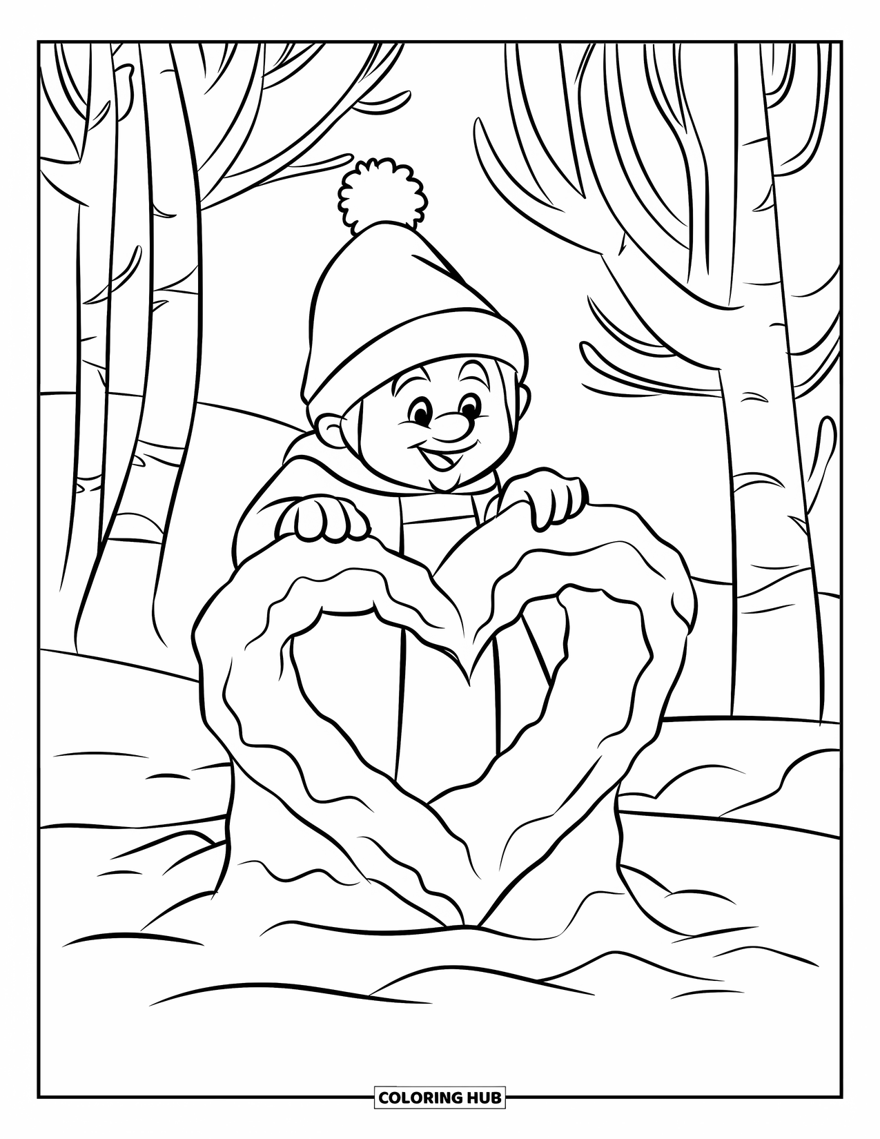 Valentine Gnome Coloring Page for Kids: A gnome stands on snow building a heart sculpture
