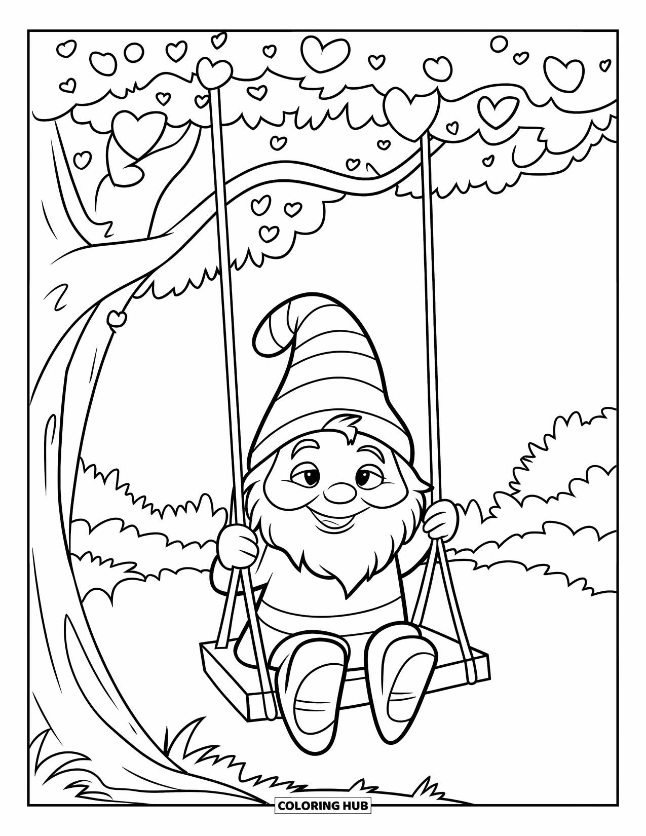 Valentine Gnome Coloring Page for Kids: A gnome swings from a tree with heart-shaped leaves in a forest