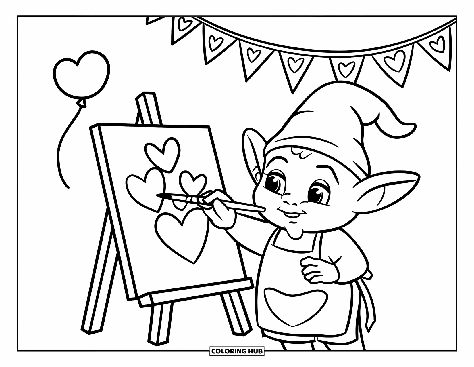 Valentine Gnome Coloring Page for Kids: A gnome with a green apron paints red hearts on a canvas