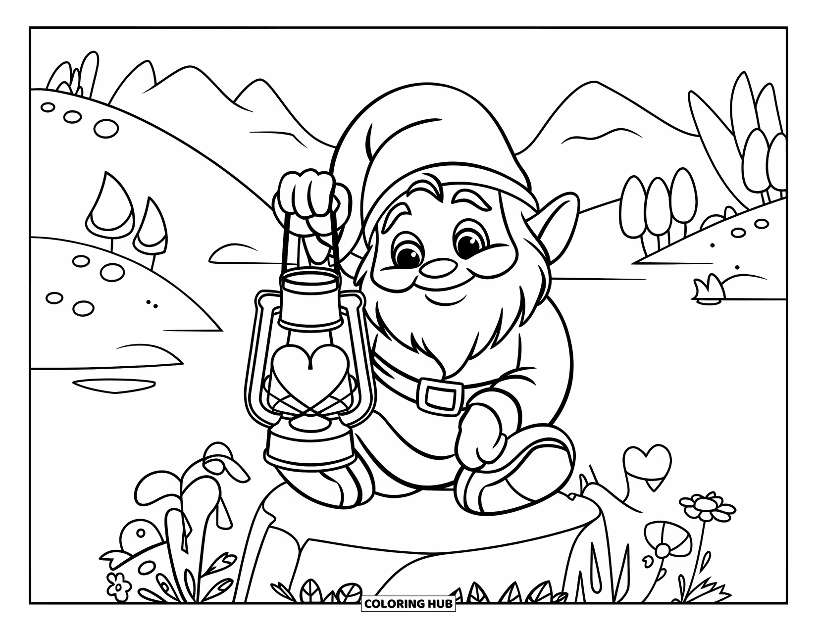 Valentine Gnome Coloring Page for Kids: A gnome with a heart lantern sits on a rock surrounded by nature