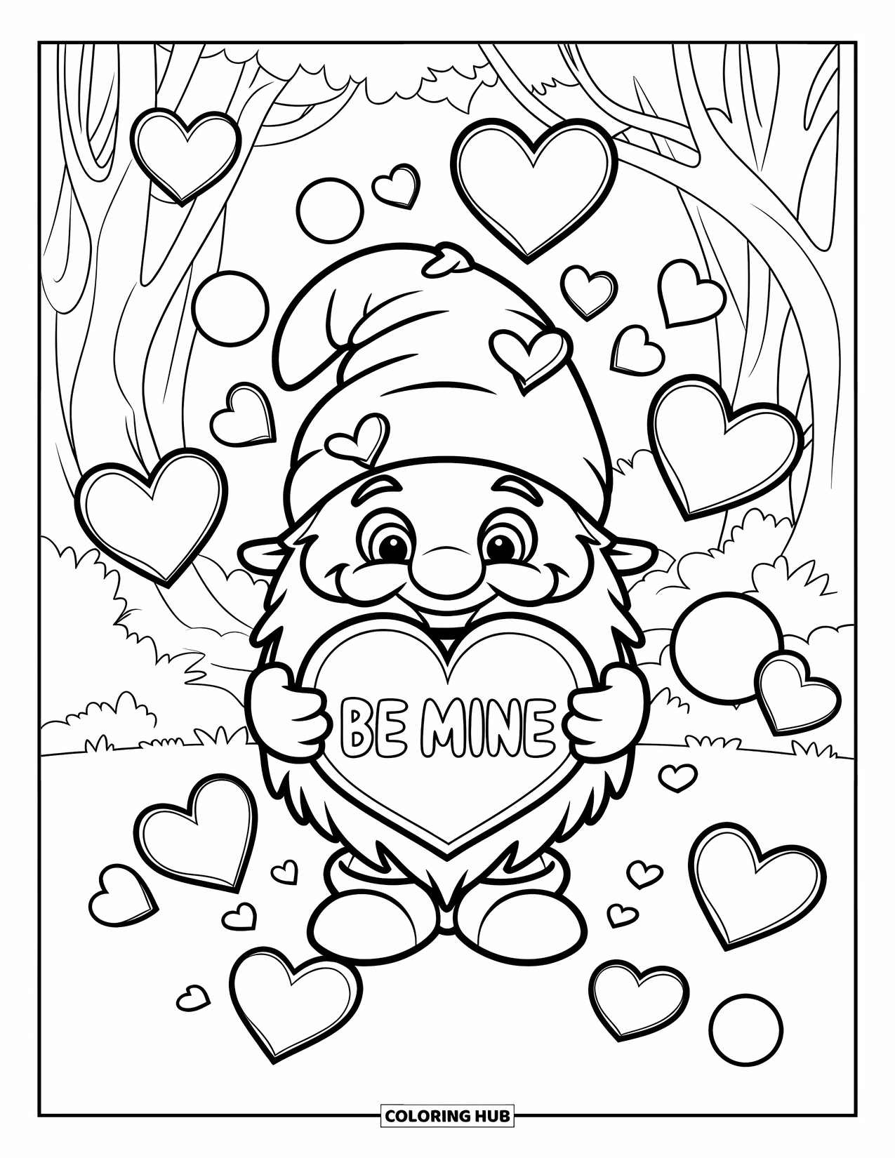 Valentine Gnome Coloring Page for Kids: A gnome with a love sign is surrounded by floating hearts
