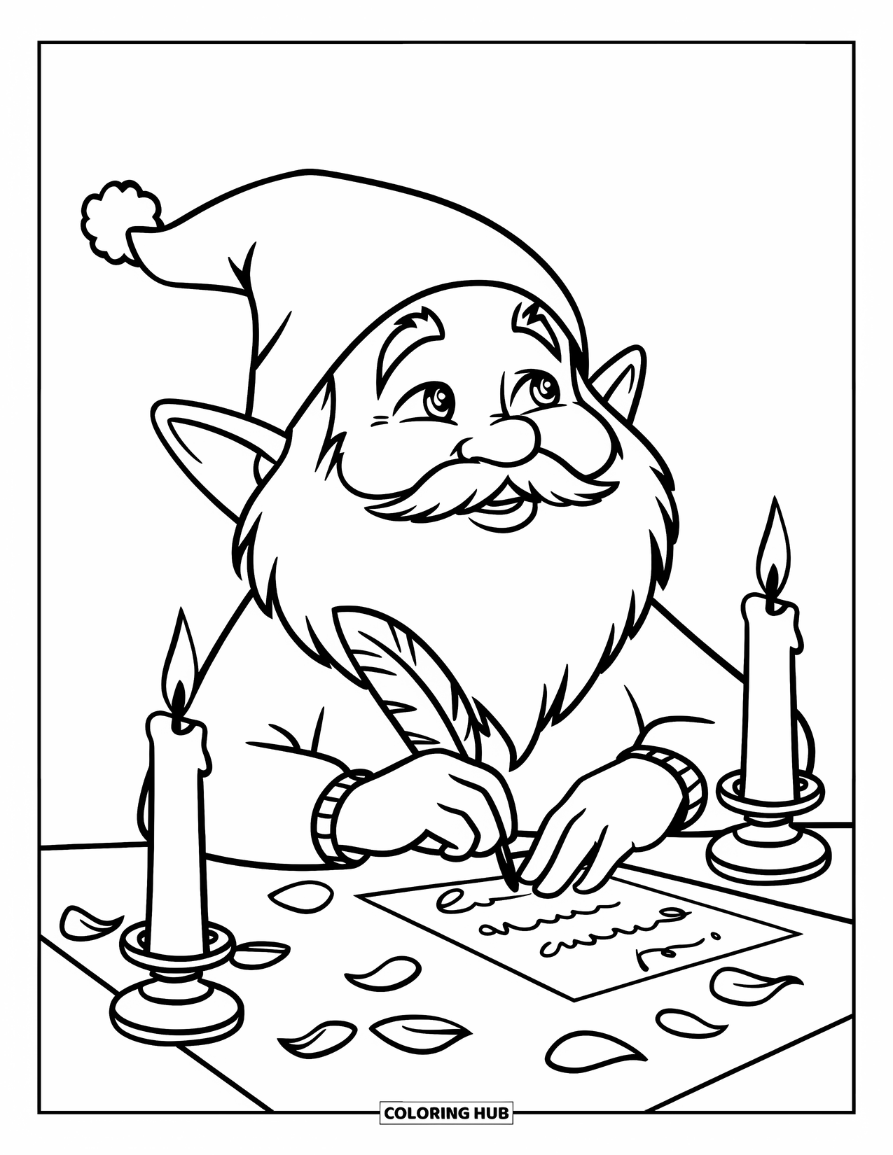 Valentine Gnome Coloring Page for Kids: A gnome with a quill writes near rose petals and candlelight