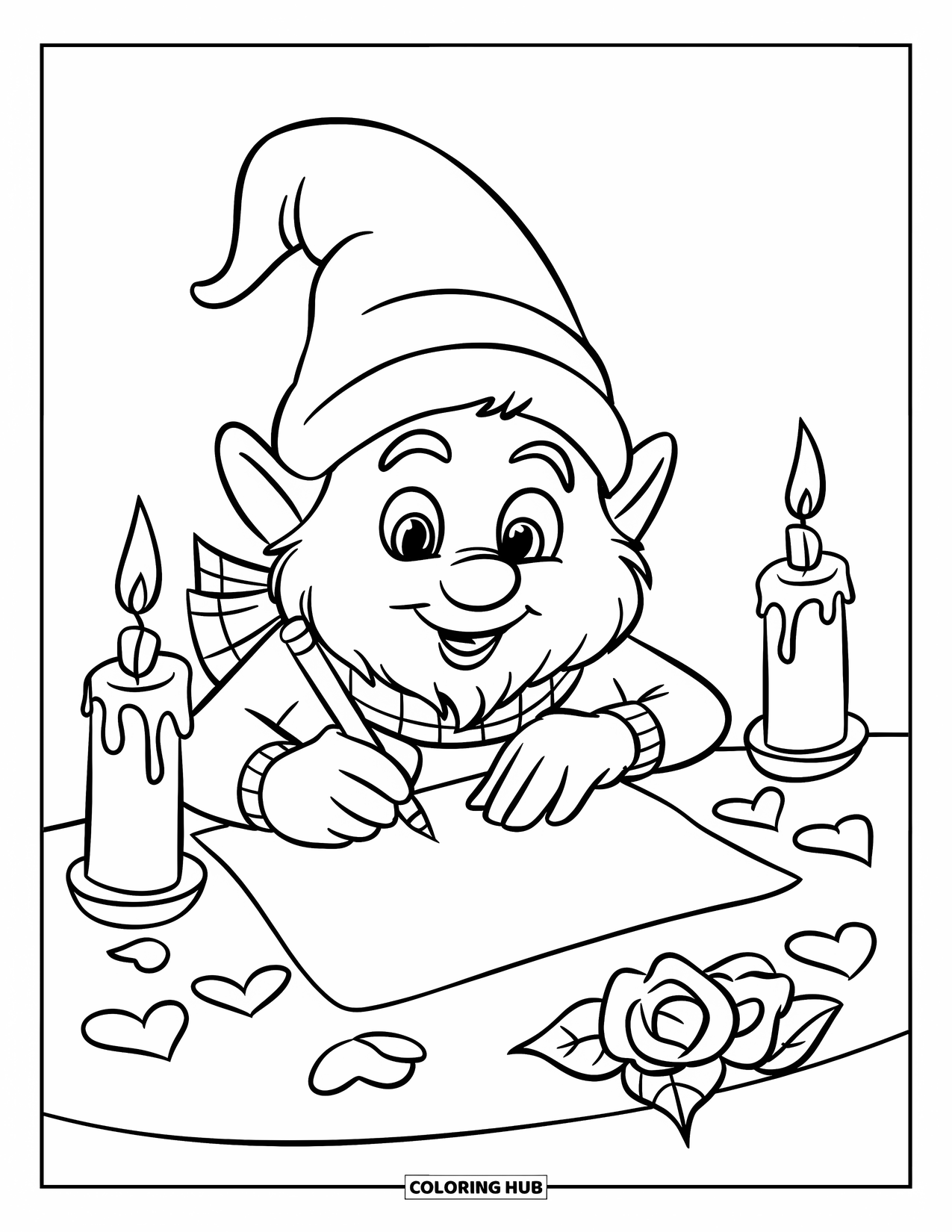 Valentine Gnome Coloring Page for Kids: A gnome writes a love poem by candlelight and rose petals