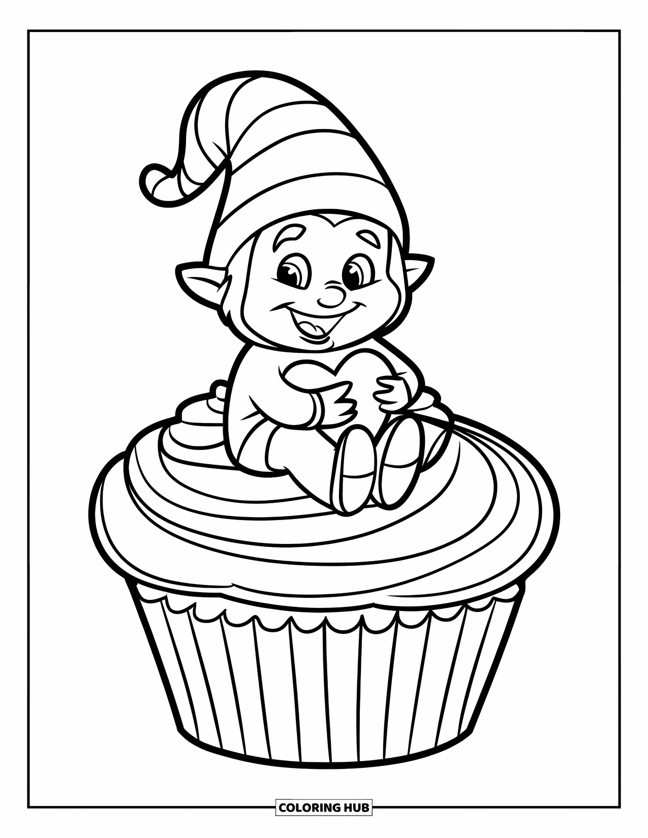 Valentine Gnome Coloring Page for Kids: A happy gnome sits on a pink-swirled cupcake holding a heart