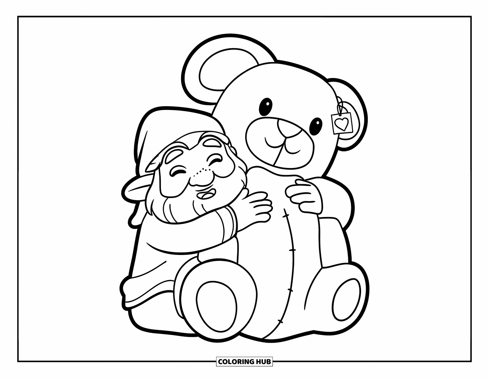 Valentine Gnome Coloring Page for Kids: A happy gnome snuggles a stuffed animal with love