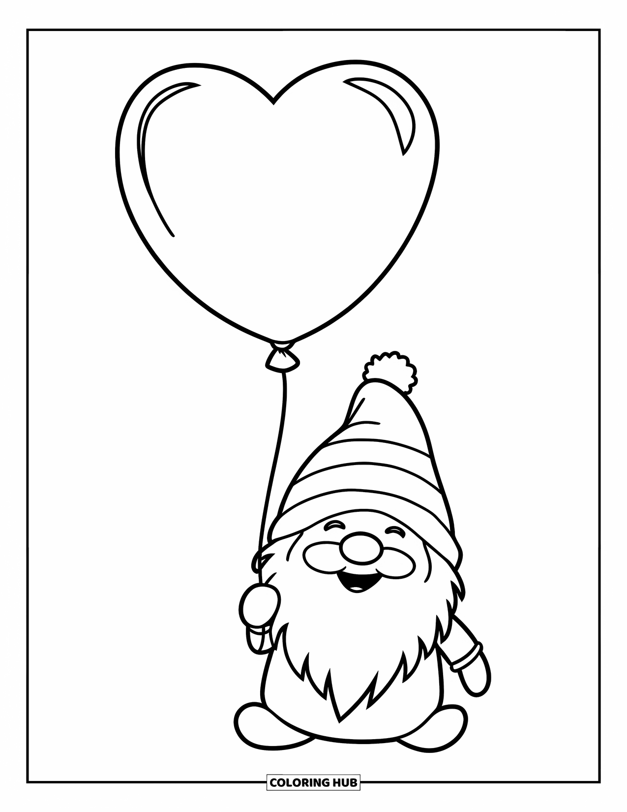 Valentine Gnome Coloring Page for Kids: A happy gnome stands with a balloon full of love