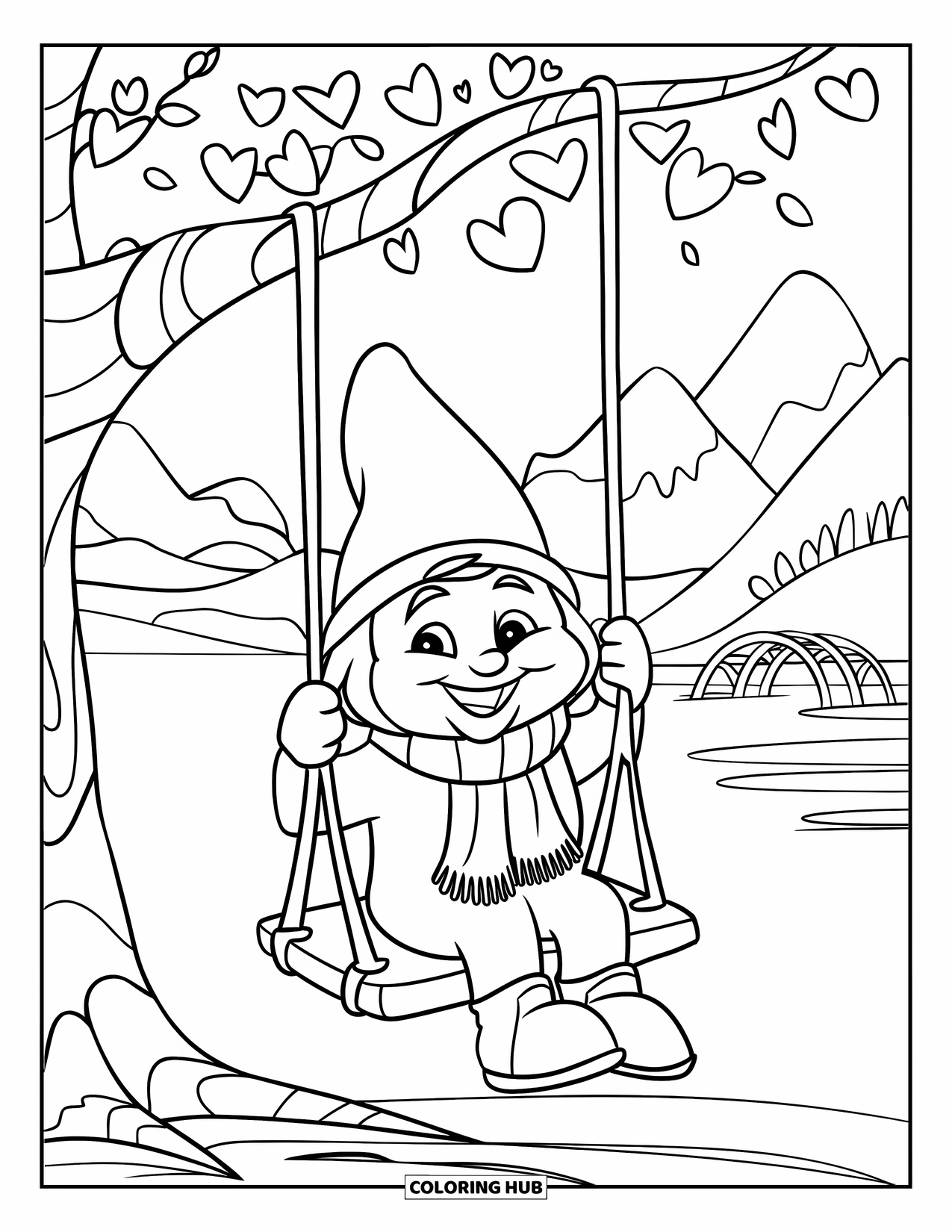 Valentine Gnome Coloring Page for Kids: A happy gnome swings under a tree with red heart leaves