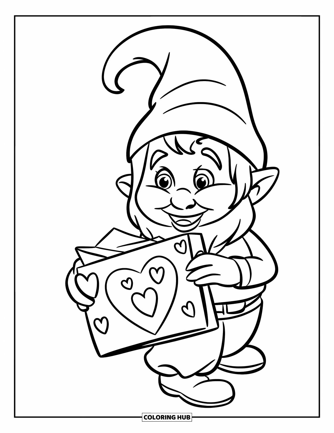 Valentine Gnome Coloring Page for Kids: A red-hatted gnome carries Valentine letters in a cute satchel