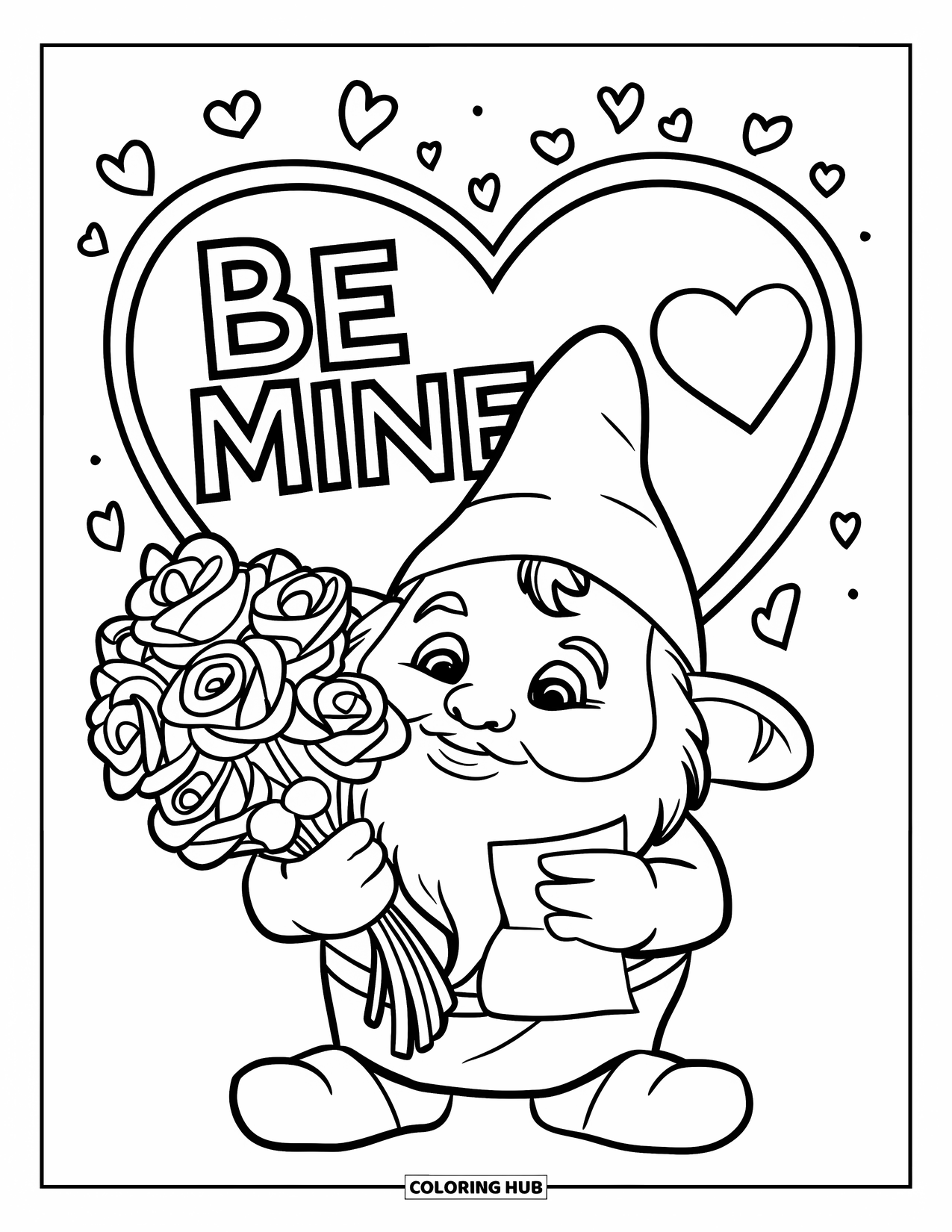 Valentine Gnome Coloring Page for Kids: A red-hatted gnome offers roses with a "Be Mine" message
