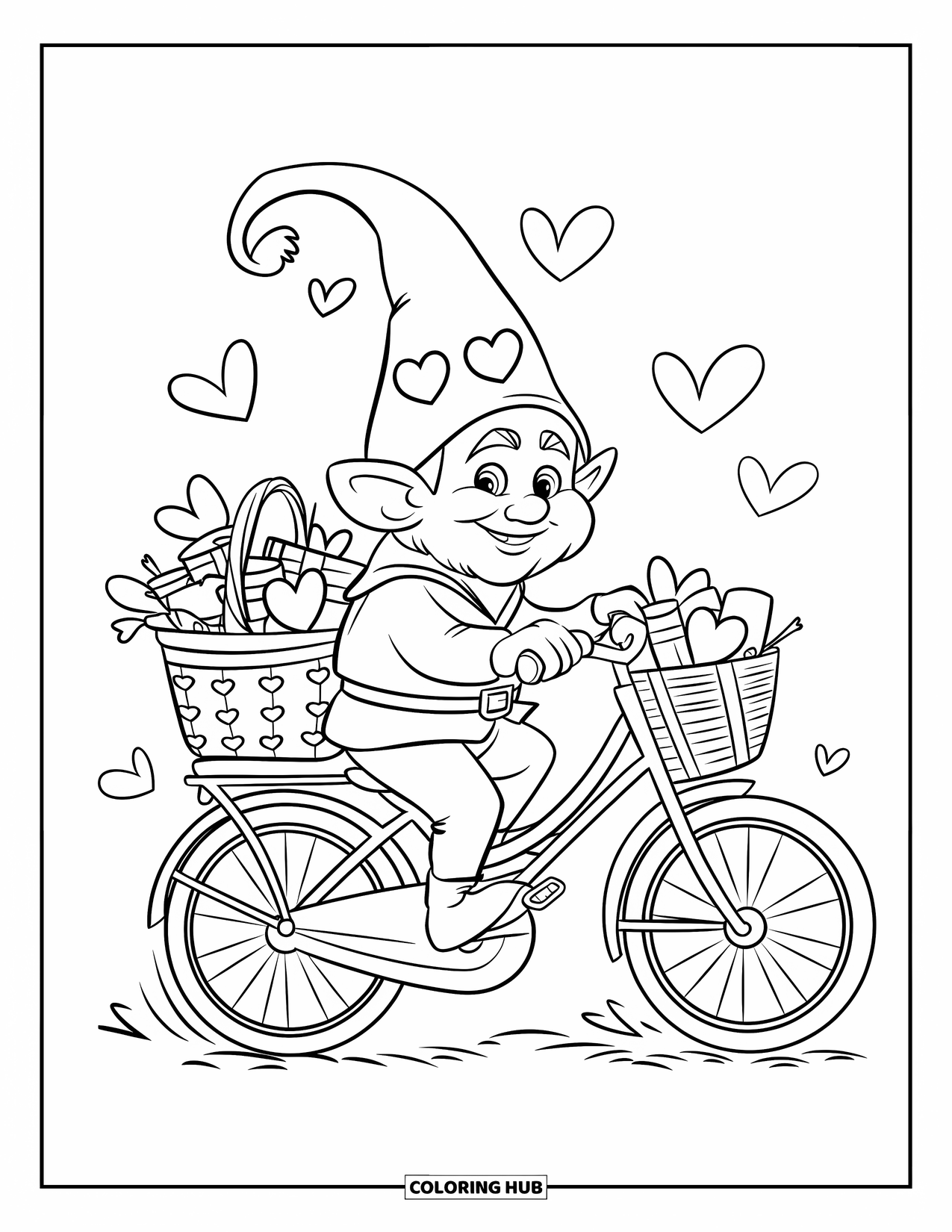 Valentine Gnome Coloring Page for Kids: A red-hatted gnome rides a bike filled with heart gifts