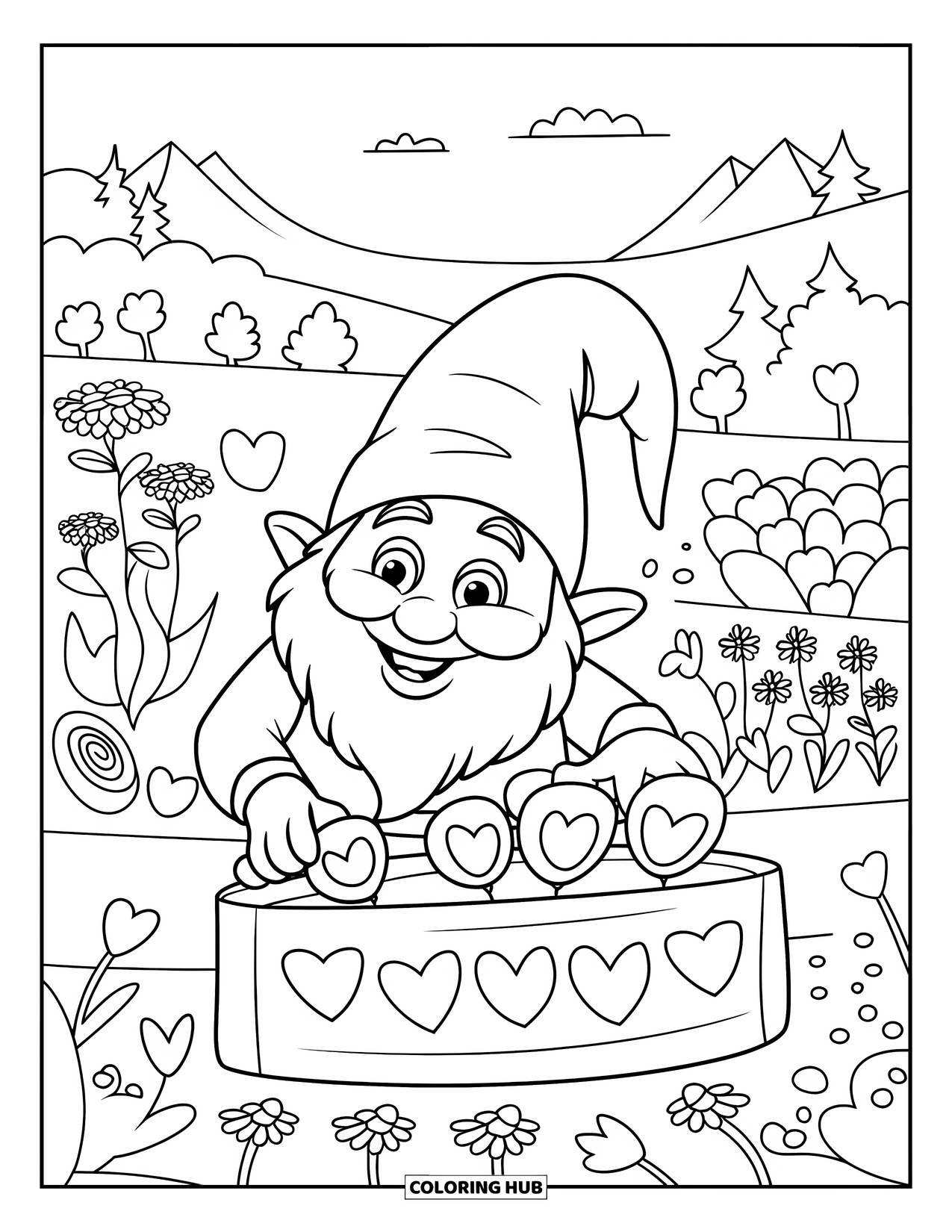 Valentine Gnome Coloring Page for Kids: A red-striped gnome plants heart seeds in a blooming garden