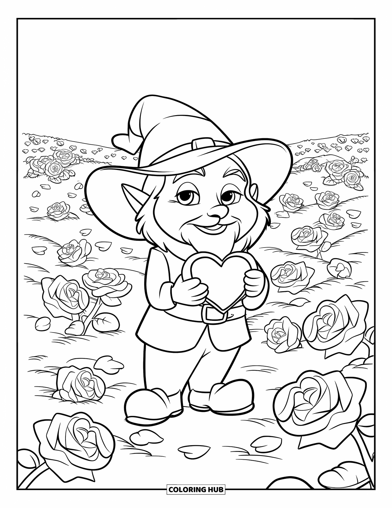 Valentine Gnome Coloring Page for Kids: A red-suited gnome stands in roses with petals drifting around him
