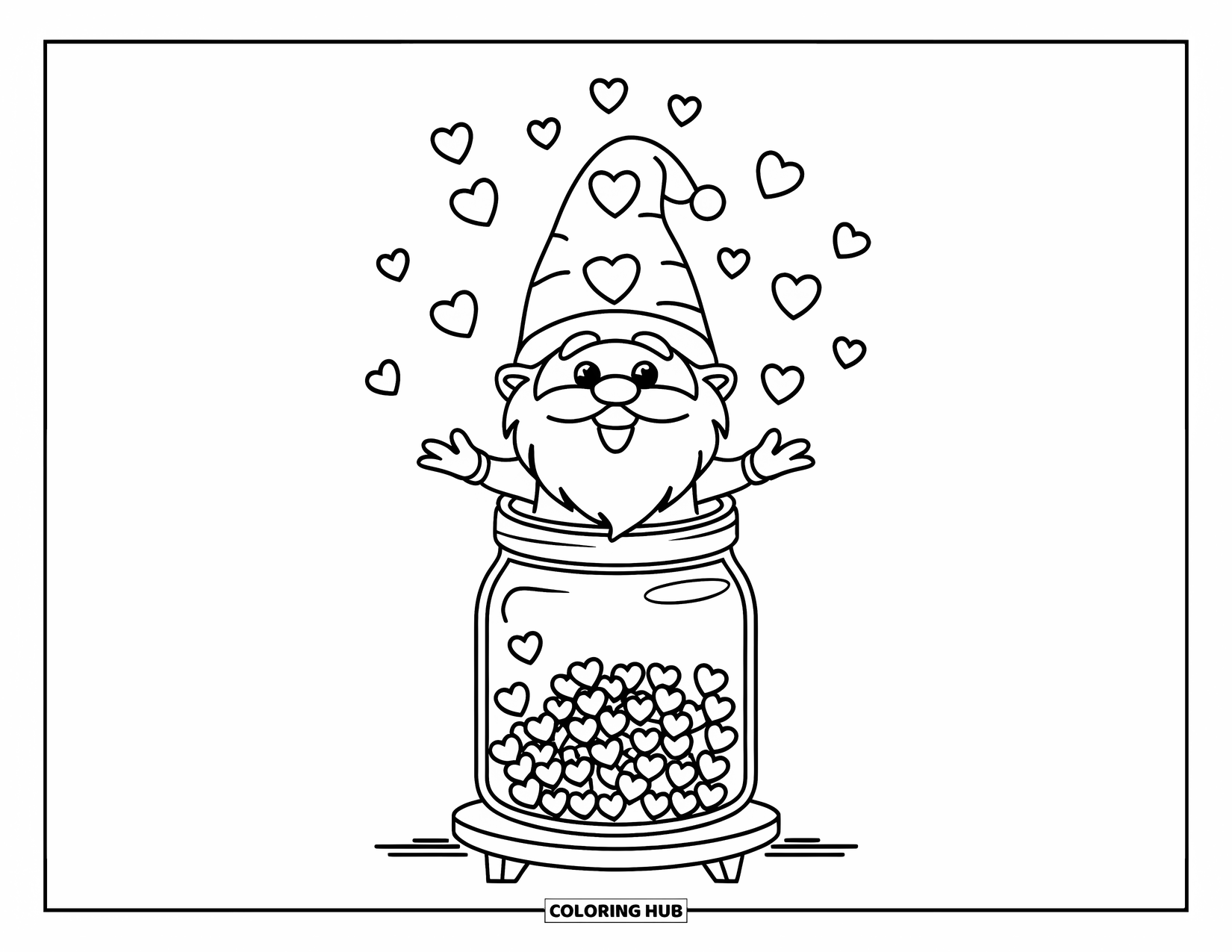 Valentine Gnome Coloring Page for Kids: A smiling gnome pops from a heart jar on a wooden base