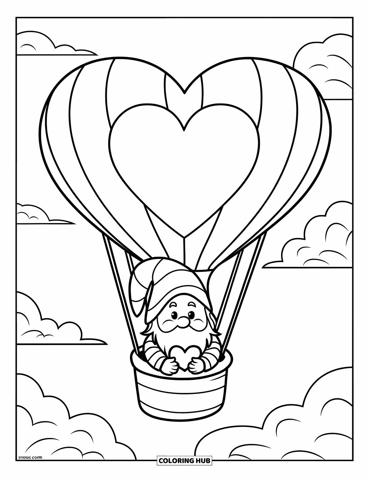 Valentine Gnome Coloring Page for Kids: A smiling gnome rides a balloon shaped like a giant red heart
