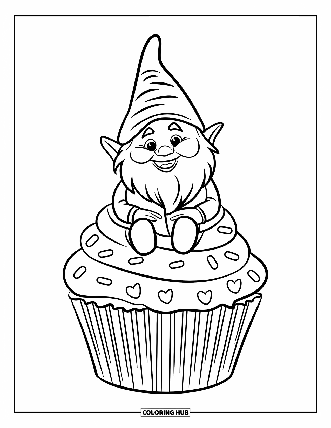 Valentine Gnome Coloring Page for Kids: A smiling gnome sits atop a giant frosted cupcake