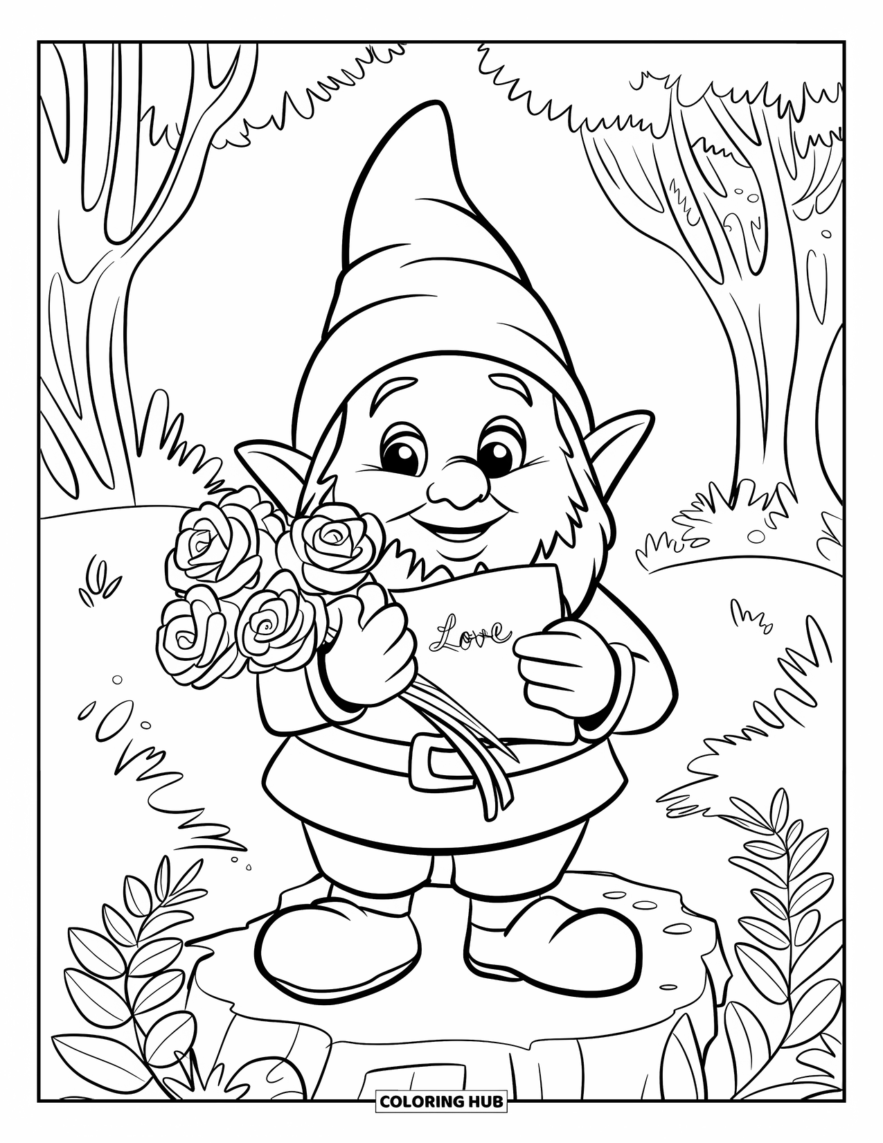 Valentine Gnome Coloring Page for Kids: A smiling gnome with a love note stands in a forest clearing