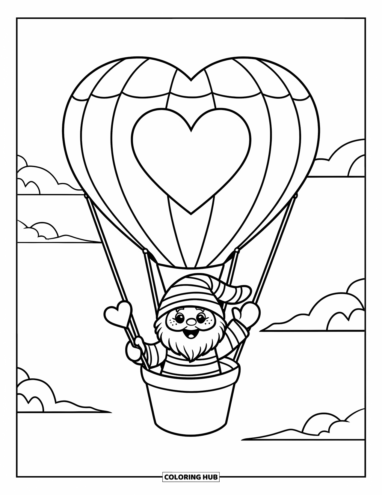 Valentine Gnome Coloring Page for Kids: A striped gnome floats in a heart balloon holding a love wand