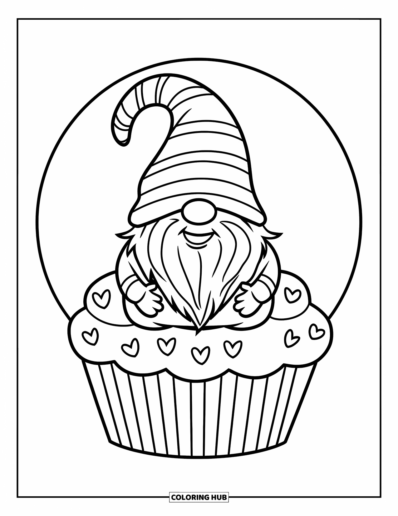 Valentine Gnome Coloring Page for Kids: A striped-hat gnome grins while sitting on a cupcake swirl