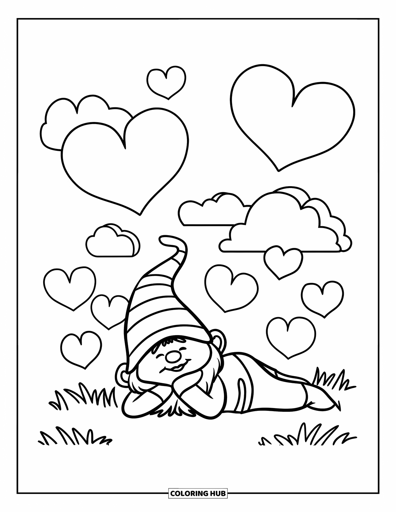 Valentine Gnome Coloring Page for Kids: A striped-hat gnome relaxes under a sky filled with heart-shaped clouds