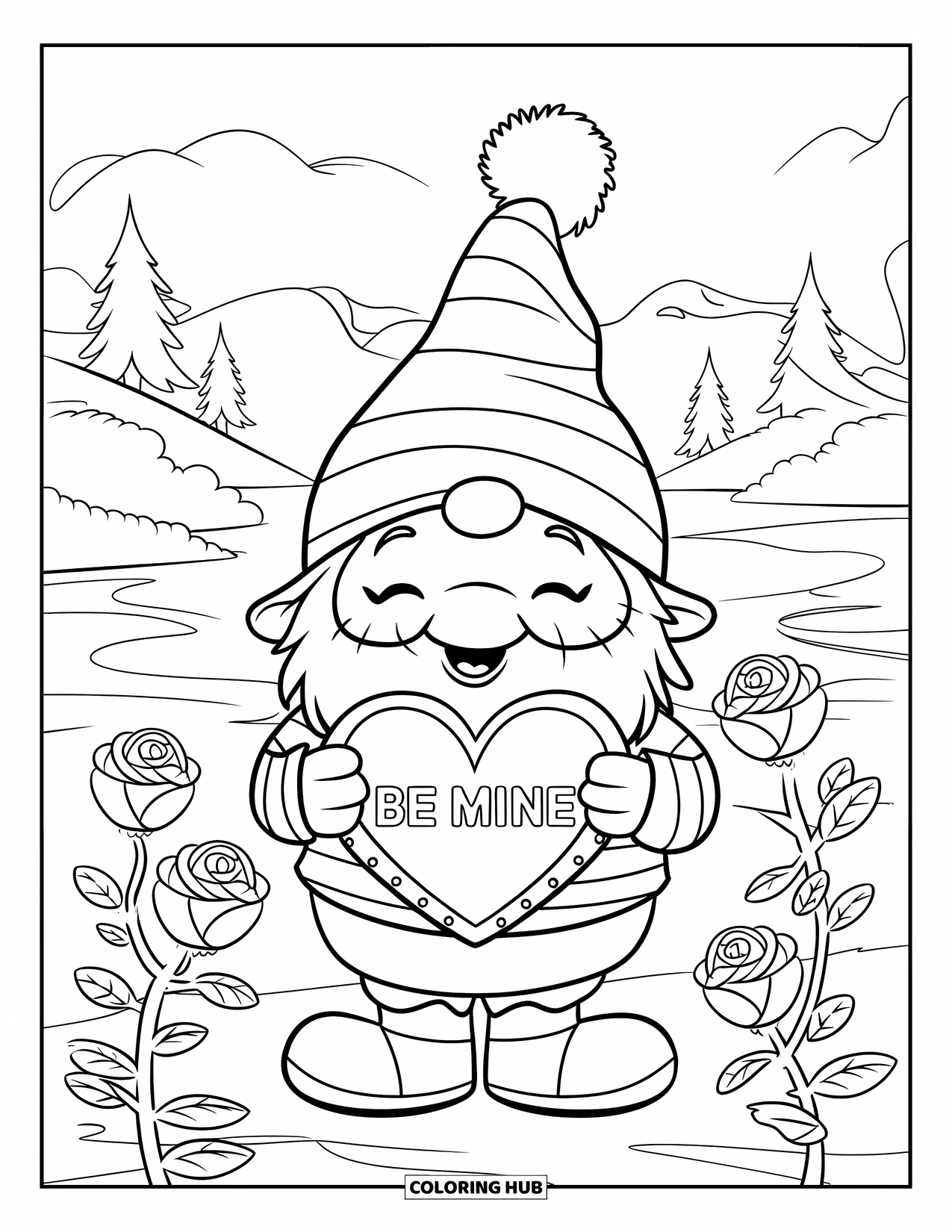 Valentine Gnome Coloring Page for Kids: A stylish gnome stands in a rose field holding a "Be Mine" heart sign