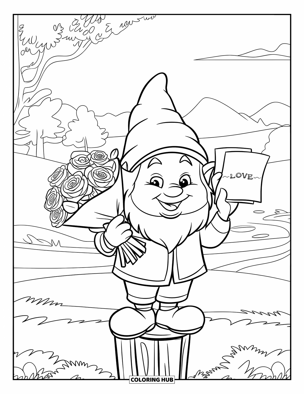 Valentine Gnome Coloring Page for Kids: A sweet gnome stands on a post holding roses and a love letter