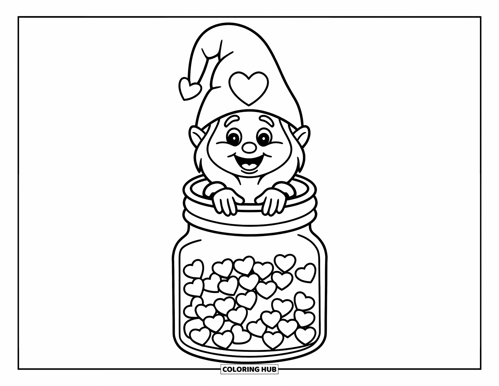 Valentine Gnome Coloring Page for Kids: A Valentine gnome bursts from a heart-filled jar