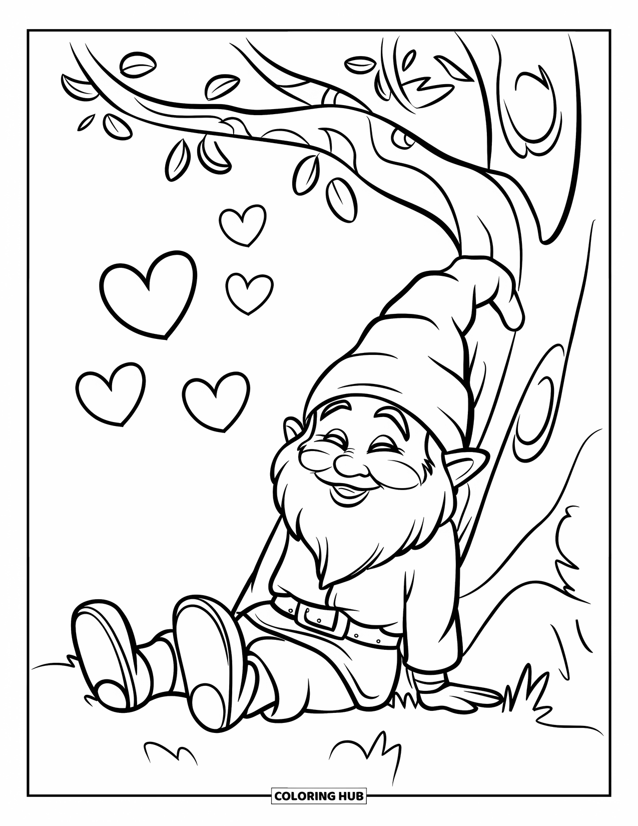 Valentine Gnome Coloring Page for Kids: A Valentine gnome rests by a tree as hearts float above