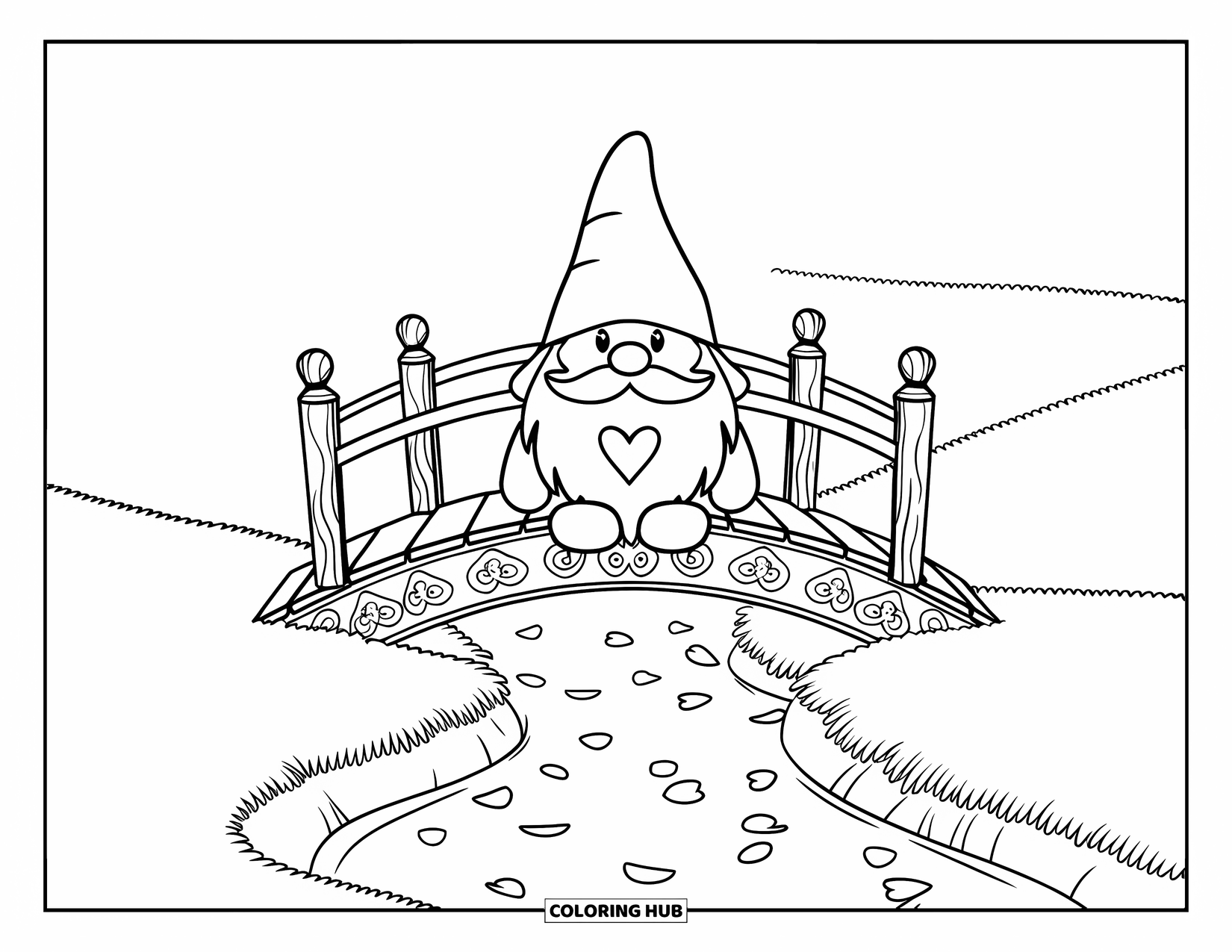 Valentine Gnome Coloring Page for Kids: A Valentine gnome sits on a carved wooden bridge over a petal stream