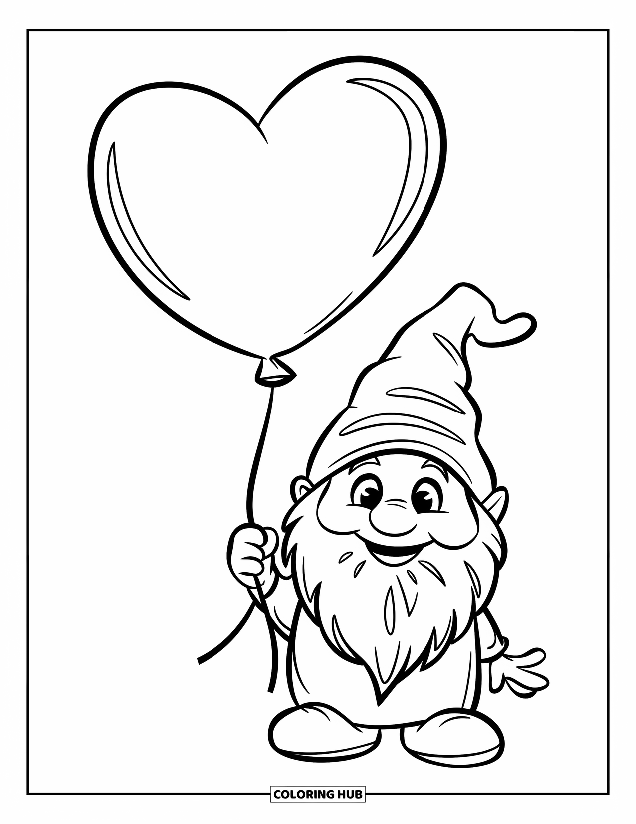 Valentine Gnome Coloring Page for Kids: A Valentine gnome stands proudly with a giant heart balloon