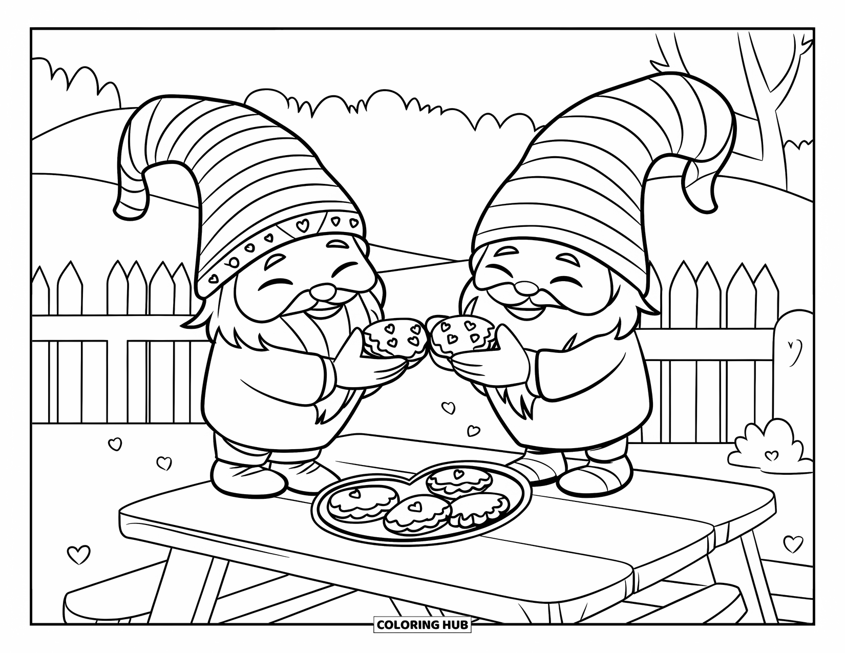 Valentine Gnome Coloring Page for Kids: Striped-hat gnomes share cookies on a picnic table in a field