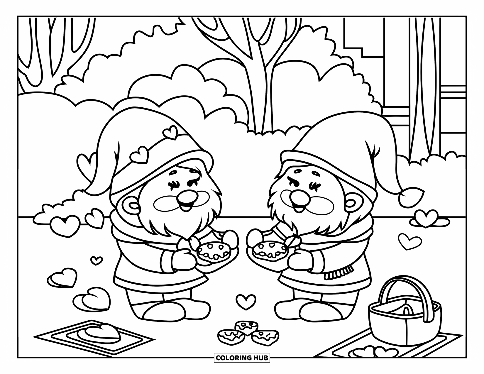 Valentine Gnome Coloring Page for Kids: Two gnomes exchange cookies at a picnic filled with hearts