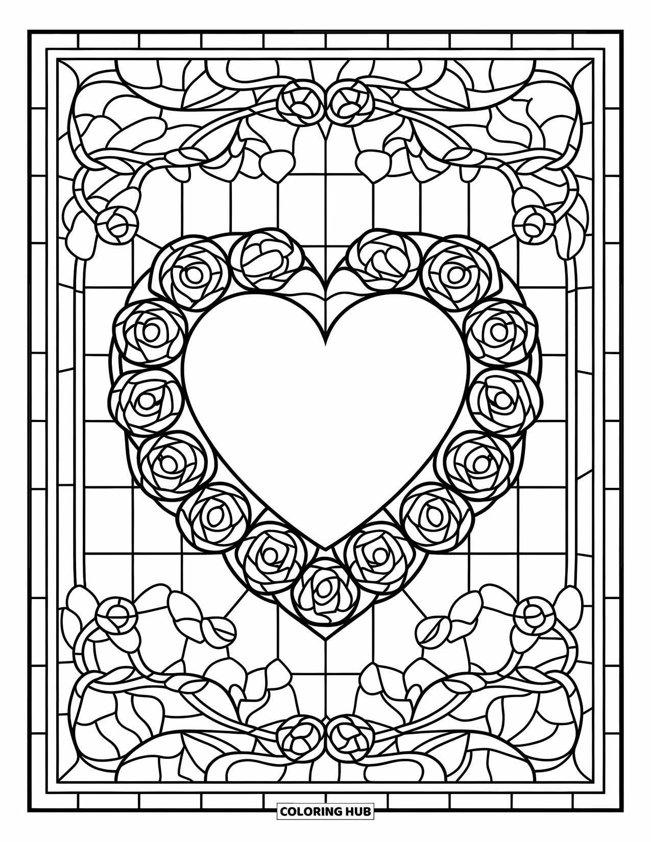 Valentine Heart Coloring Page for Adults: A central heart is nestled in stained glass roses and curling vines